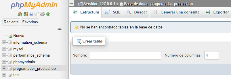 phpmyadmin creacion base de datos